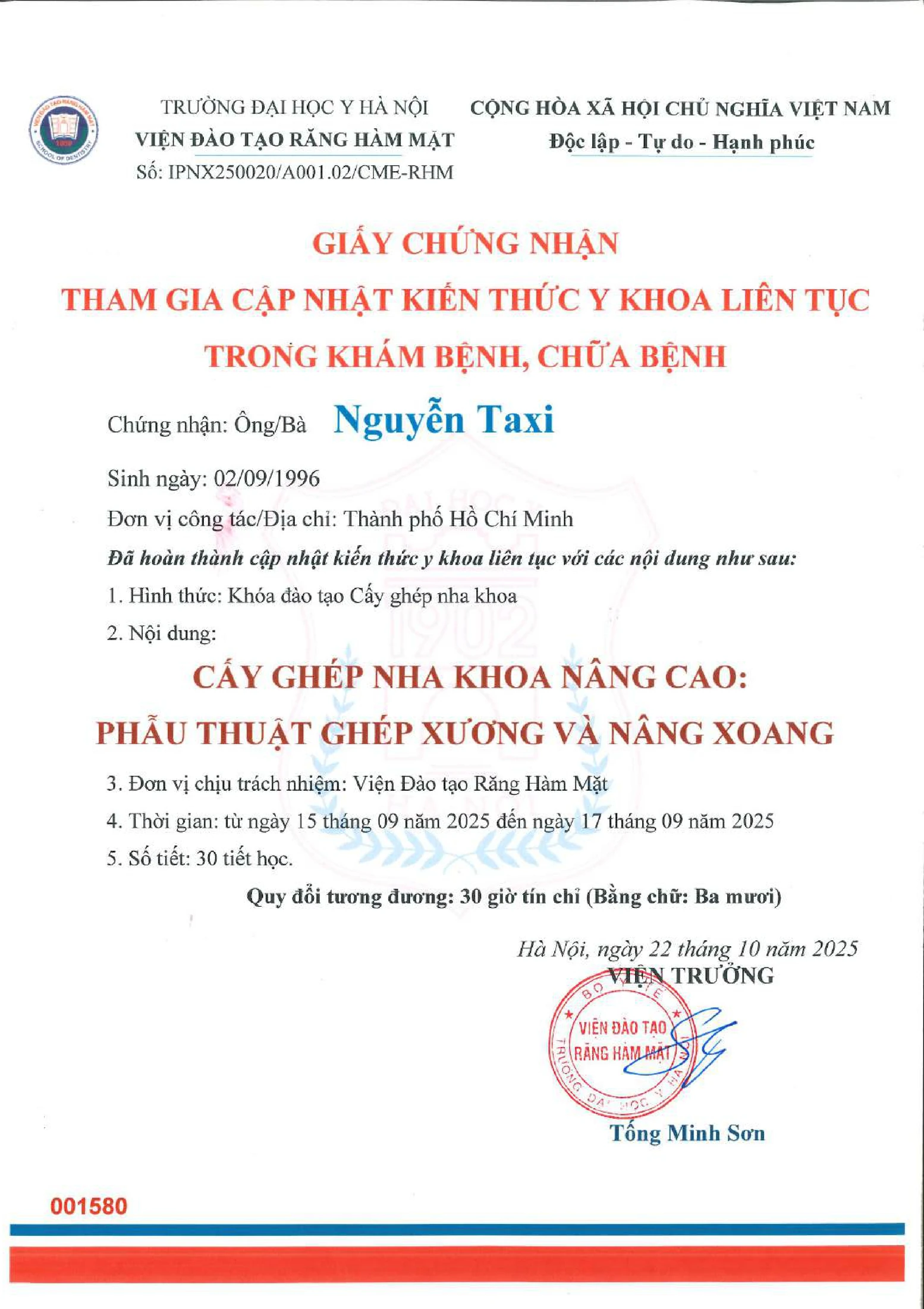 Chứng Chỉ Cấy Ghép Nha Khoa Nâng Cao & Phẫu Thuật Ghép Xương, Nâng Xoang