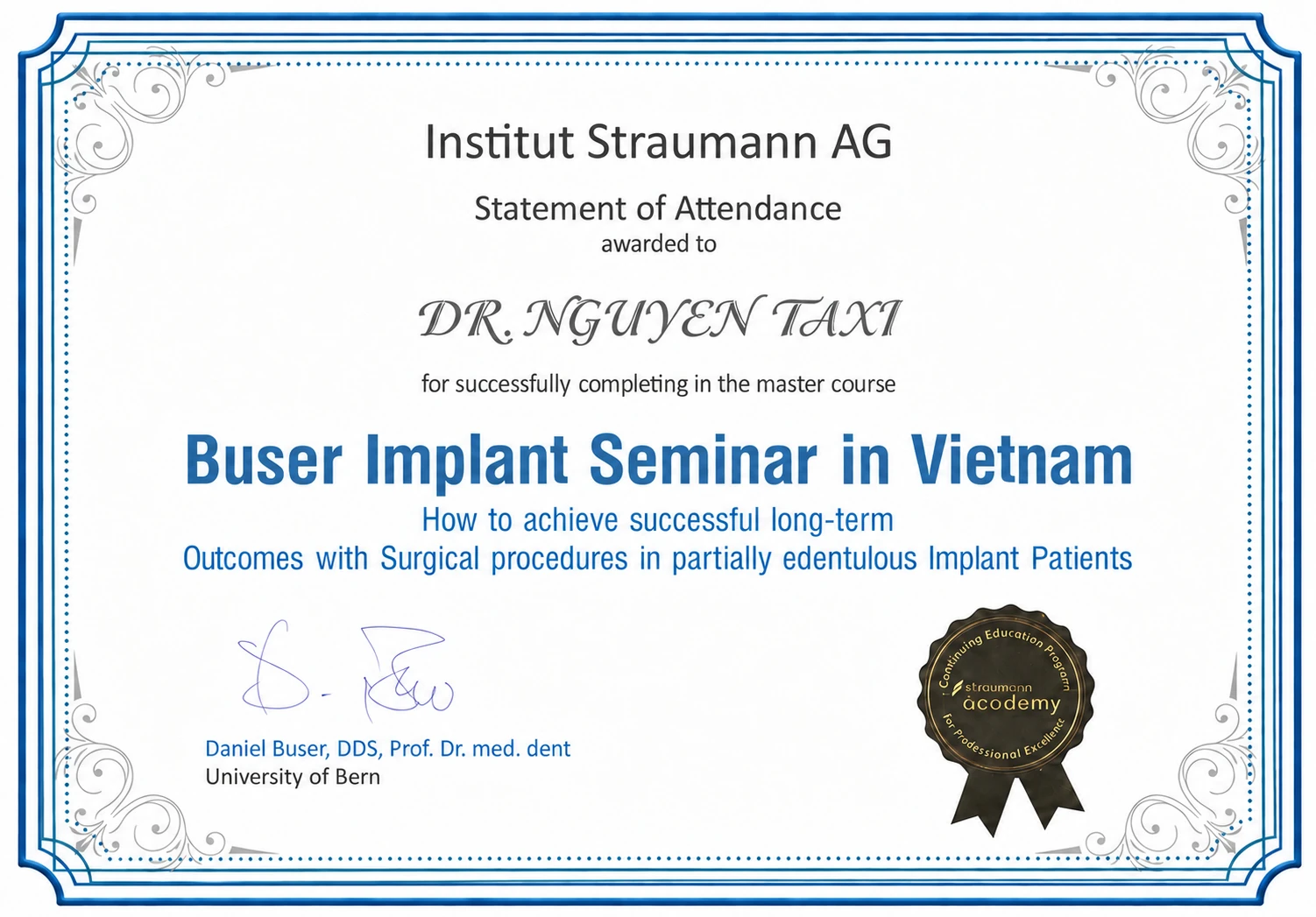 Certificate of Recognition – Straumann Dental Implant