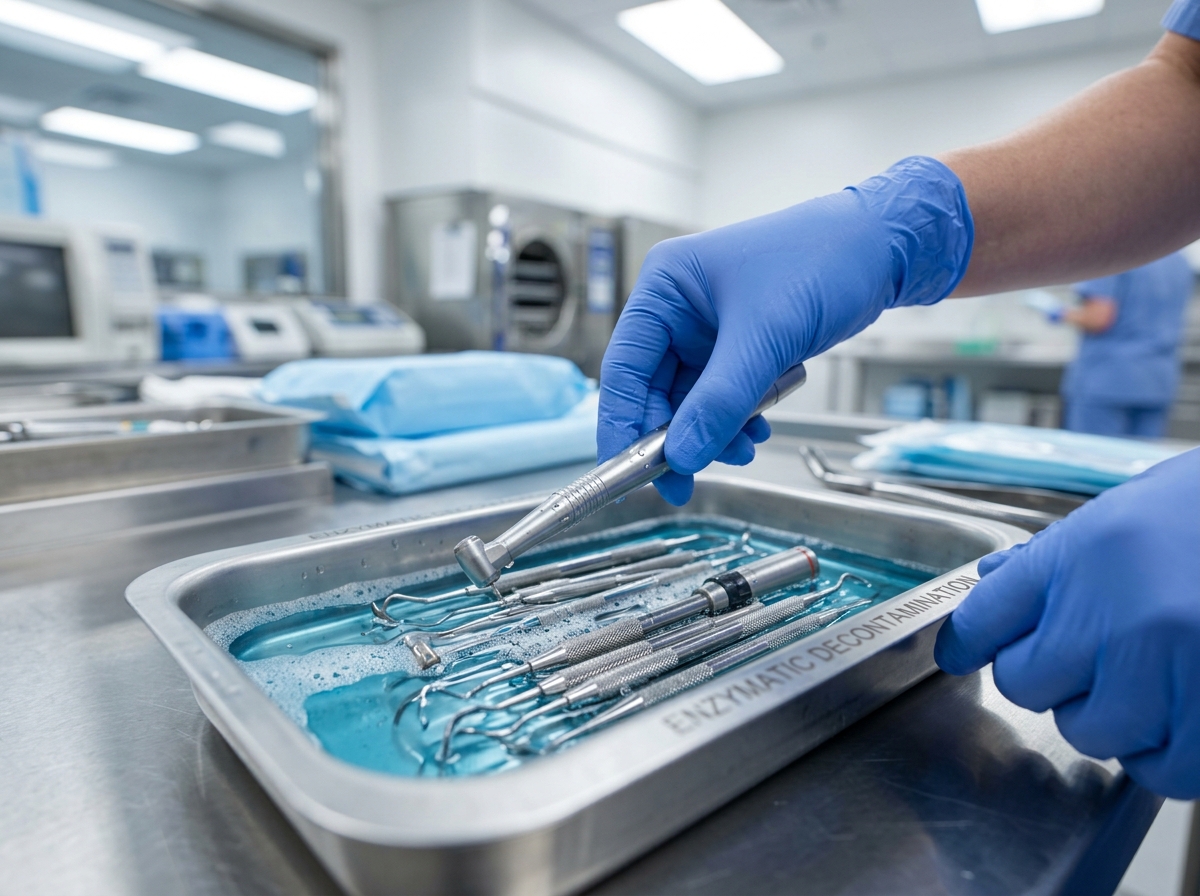 Collecte et immersion dans une solution de décontamination enzymatique médicale