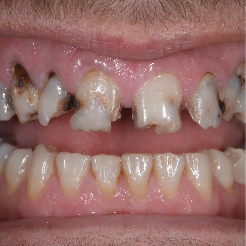 Răng cửa trước bị sâu hỏng vỡ mẻ nặng