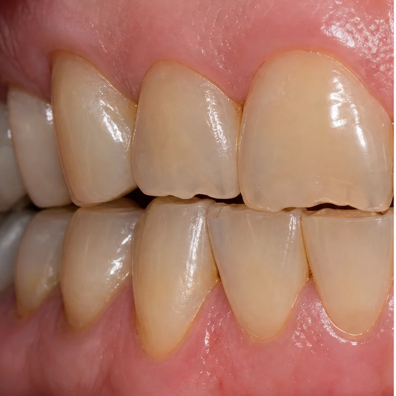 Răng ố vàng xỉn màu mòn vẹt rìa cắn