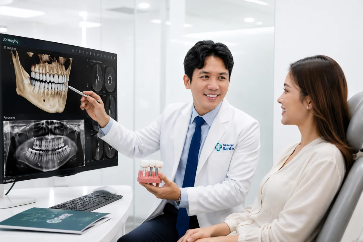 Bác sĩ Sante tư vấn Implant bằng hình ảnh 3D cho khách hàng tại Bệnh viện Nha khoa Quốc tế Sante